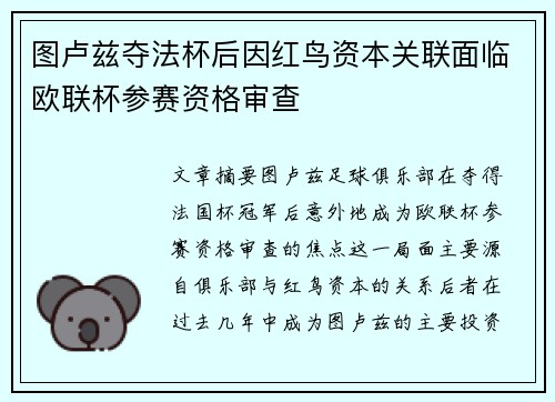 图卢兹夺法杯后因红鸟资本关联面临欧联杯参赛资格审查 图卢兹夺法杯后因红鸟资本关联面临欧联杯参赛资格审查