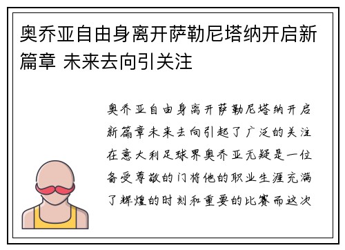 奥乔亚自由身离开萨勒尼塔纳开启新篇章 未来去向引关注 奥乔亚自由身离开萨勒尼塔纳开启新篇章 未来去向引关注