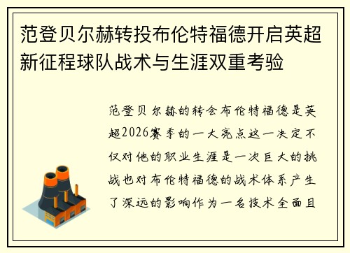 范登贝尔赫转投布伦特福德开启英超新征程球队战术与生涯双重考验