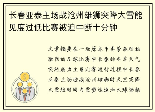 长春亚泰主场战沧州雄狮突降大雪能见度过低比赛被迫中断十分钟
